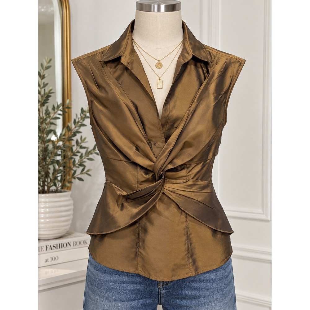 Moda International 100% Silk Bronze Twist Front Blouse XS Y2K